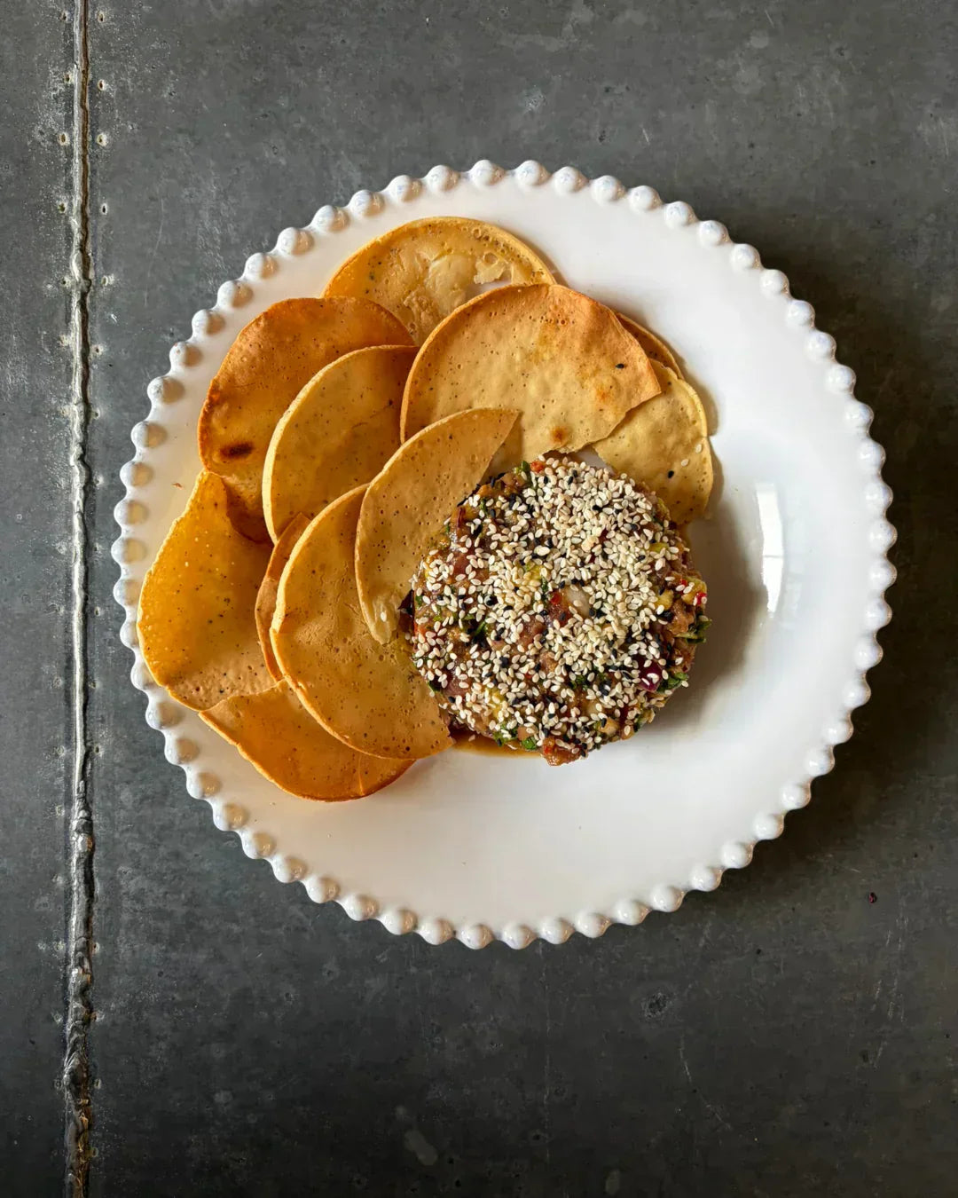 High protein tuna tartare served with chickpea crispbreads