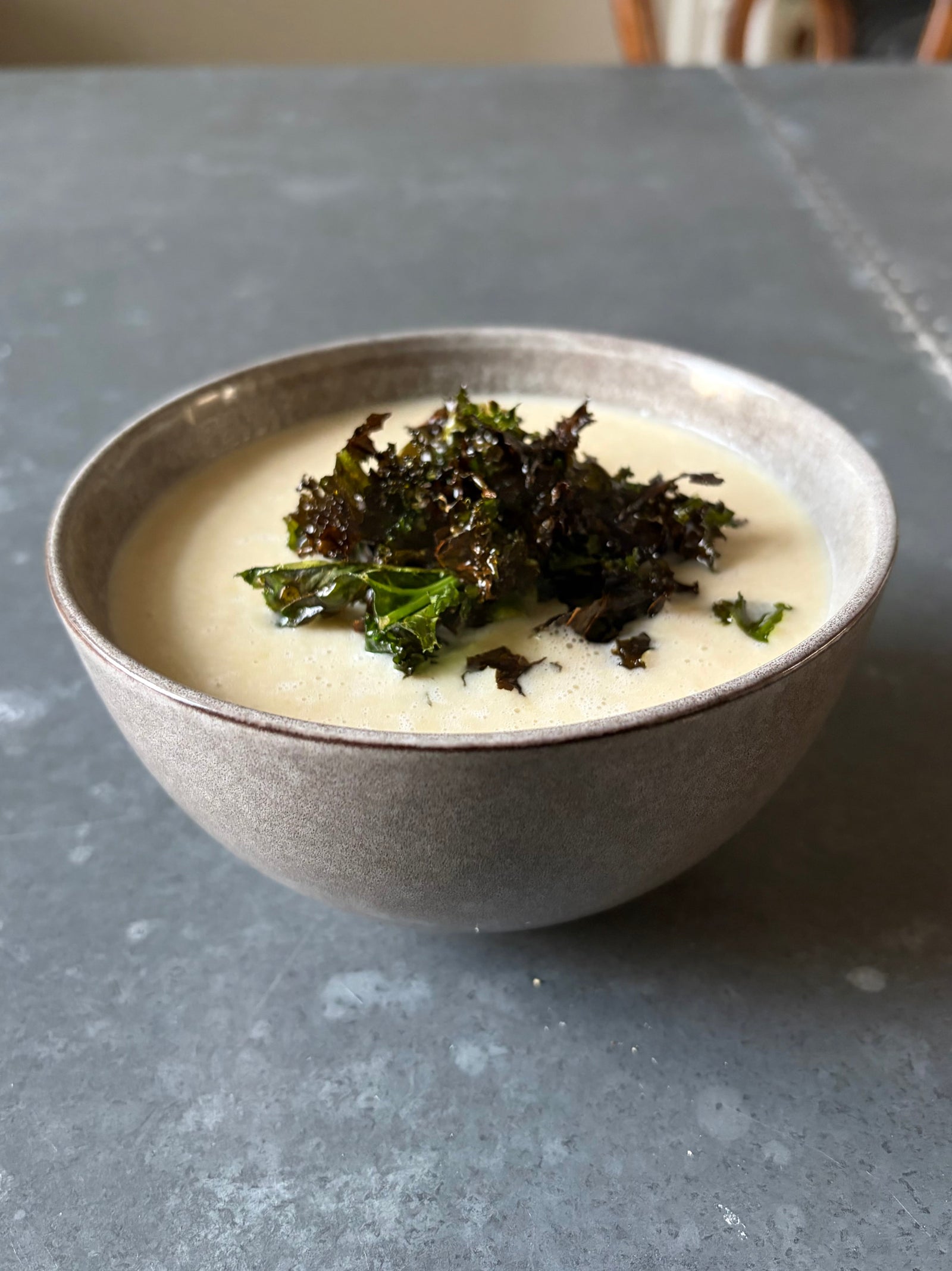 High protein cauliflower cheese soup with crispy kale